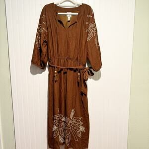 Lea Brown Embroidered Midi Dress Cotton Linen Boho Balloon Sleeves Tassels XL